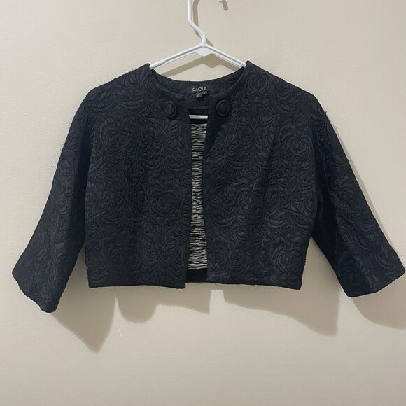 Raoul Black Interference Ivory Brocade 3/4 Sleeve Short Shoulder Jacket Size 2 - Picture 1 of 5